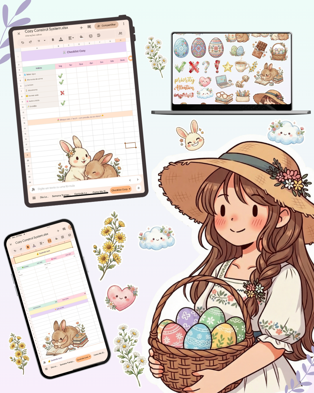 Kit Páscoa! Planilha Cozy + 45 Sticker Digitais ✨