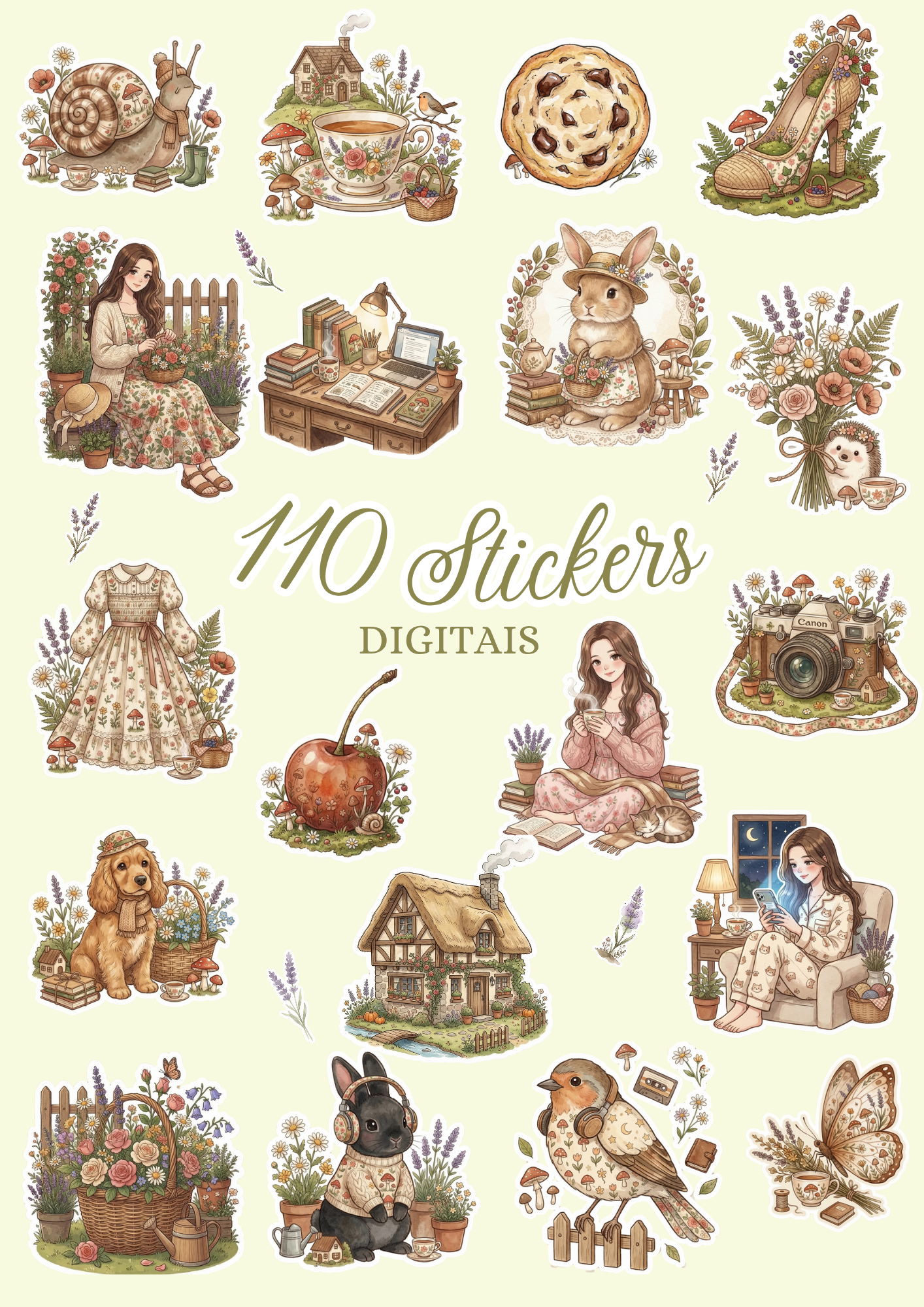 110 Stickers Digitais Cottagecore – Pack Cozy para Planners e Journaling